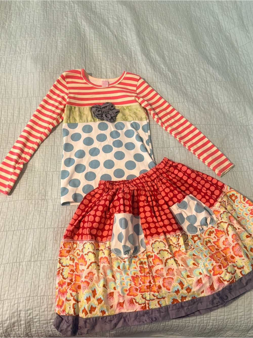 Girls Red Stripe & Polka Dot Mix Skirt Set